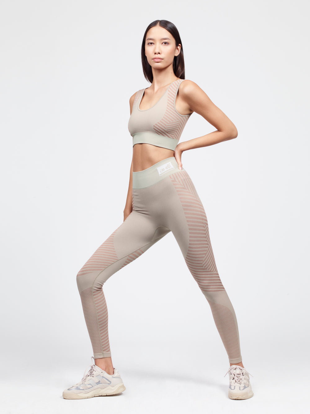 Scoop neck sport bra with compression legging set in tranquil taupe