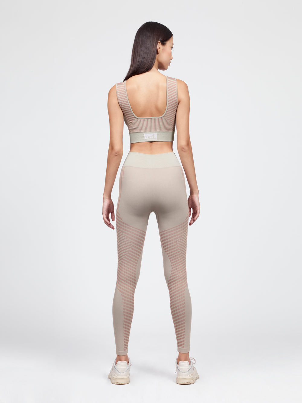 Scoop neck sport bra with compression legging set in tranquil taupe